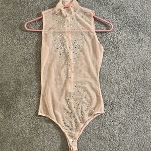 Women’s Sheer crystal nude sleeveless bodysuit